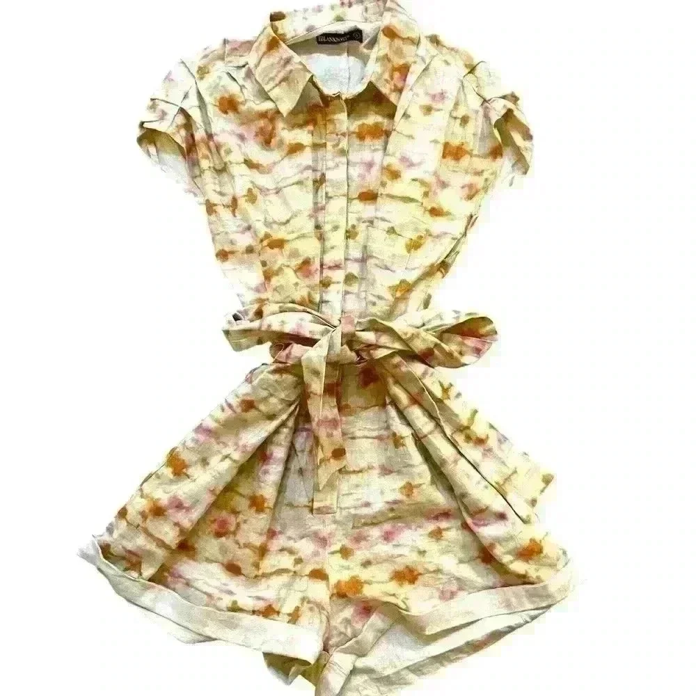 BLANK NYC Relaxed Fit Luxury Romper Size S Linen Cotton Blend Tan Pink tye dye